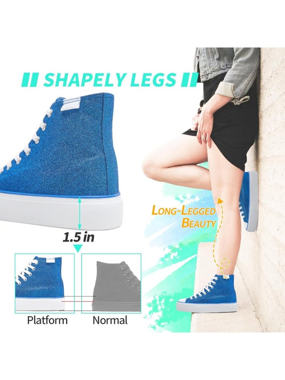 Women's Royal Blue Sparkly Bling Mid Calf Glitter Platform Fashion Sneakers - Picture 4 of 6